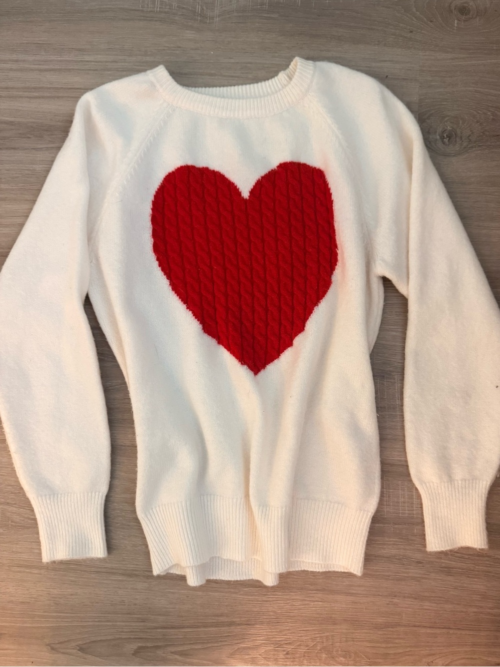 Cream Heart Cable-Knit Sweater with Red Heart